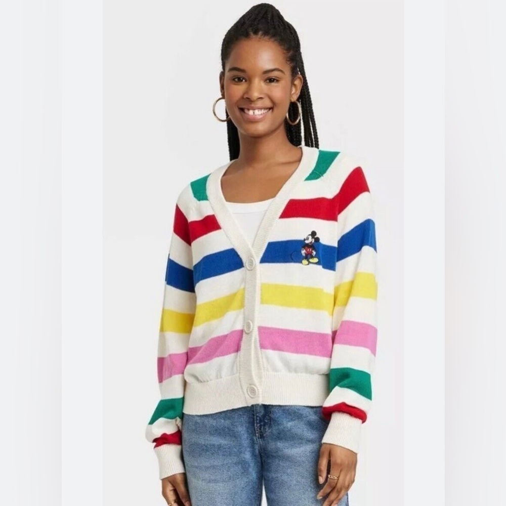 DISNEY 100 Years Colorful Striped Cardigan Mickey Mouse Cardigan Sweater. Size S